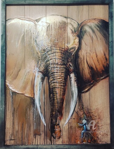 Painting titled "Éléphant" by Tolliac, Original Artwork, Acrylic Mounted on Wood Panel