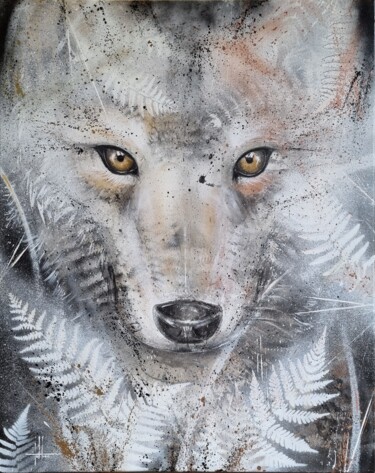Painting titled "Wolf" by Tolliac, Original Artwork, Acrylic Mounted on Wood Stretcher frame