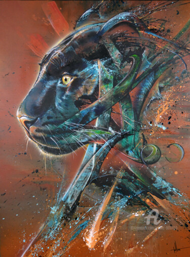 Painting titled "Panther" by Tolliac, Original Artwork, Acrylic Mounted on Wood Stretcher frame