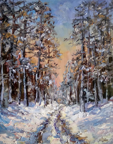 Pittura intitolato "зимняя  дорога" da Irina Tolstikova, Opera d'arte originale, Olio