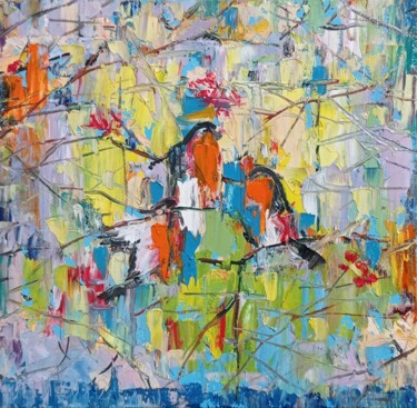 Картина под названием "снегири" - Ирина Толстикова, Подлинное произведение искусства, Масло Установлен на Деревянная рама дл…