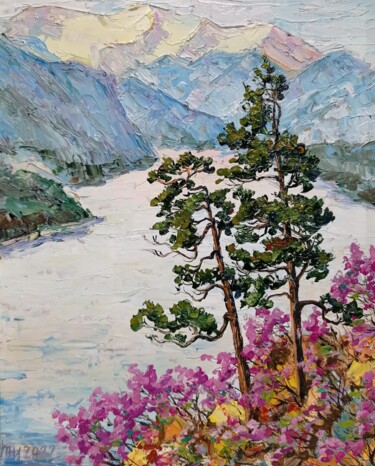 Painting titled "Весна, цветёт багул…" by Irina Tolstikova, Original Artwork, Oil Mounted on Wood Panel