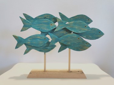 Sculpture titled "Ruée de poissons" by Elioka - Tom Folcher, Original Artwork, Wood