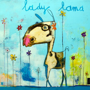 Schilderij getiteld "Lady Lama" door Toma, Origineel Kunstwerk, Acryl Gemonteerd op Frame voor houten brancard