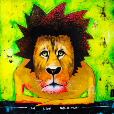 Painting titled "Le Lion Nélritchi" by Toma, Original Artwork, Acrylic Mounted on Wood Stretcher frame