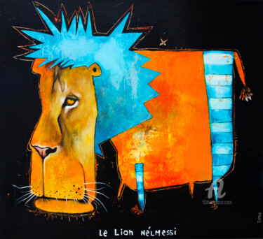 Painting titled "Le Lion Nélmessi" by Toma, Original Artwork, Acrylic Mounted on Wood Stretcher frame