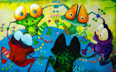 Painting titled "Spring meeting" by Toma, Original Artwork, Acrylic Mounted on Wood Stretcher frame