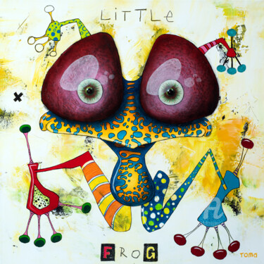 Painting titled "Little Frog" by Toma, Original Artwork, Acrylic Mounted on Wood Stretcher frame