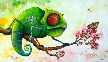 Painting titled "Caméléon et la Peti…" by Toma, Original Artwork, Acrylic Mounted on Wood Stretcher frame