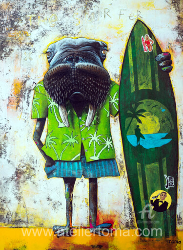Schilderij getiteld "The Surfer" door Toma, Origineel Kunstwerk, Acryl Gemonteerd op Frame voor houten brancard
