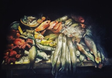 Painting titled "Fish market" by Tomás Castaño, Original Artwork, Oil