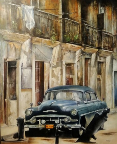 Painting titled "blue car- Old Havana" by Tomás Castaño, Original Artwork, Oil