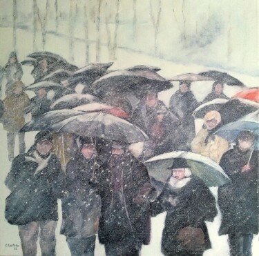 Painting titled "walking in the snow" by Tomás Castaño, Original Artwork, Oil