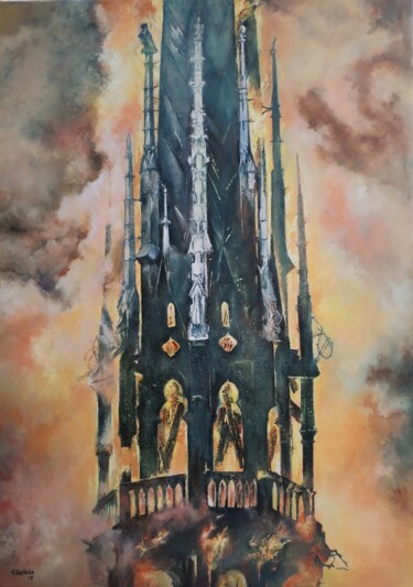 「Notre Dame en llamas」というタイトルの絵画 Tomás Castañoによって, オリジナルのアートワーク, オイル