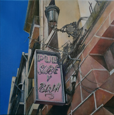 Painting titled "Pub Sube y Baja" by Tomás Castaño, Original Artwork, Oil Mounted on Wood Panel