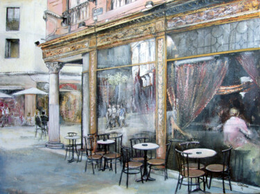 Painting titled "Café Capitán-León" by Tomás Castaño, Original Artwork, Oil