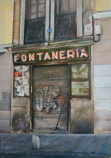 Painting titled "Antigua Fontanería" by Tomás Castaño, Original Artwork, Oil Mounted on Wood Panel