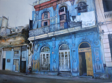 Pintura intitulada "La casa azul" por Tomás Castaño, Obras de arte originais, Óleo