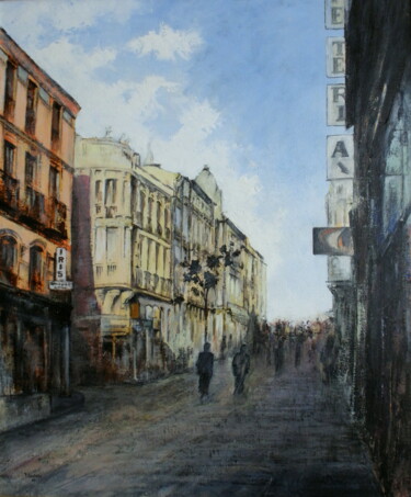 Schilderij getiteld "Calle Ancha-León" door Tomás Castaño, Origineel Kunstwerk, Olie