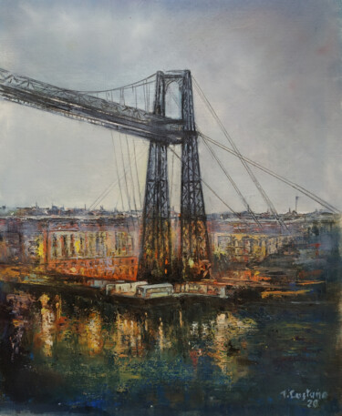 Painting titled "Puente colgante Get…" by Tomás Castaño, Original Artwork, Oil