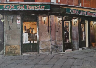 Malerei mit dem Titel "Café del Nuncio-Mad…" von Tomás Castaño, Original-Kunstwerk, Öl