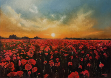Painting titled "Campo de amapolas a…" by Tomás Castaño, Original Artwork, Oil Mounted on Wood Stretcher frame