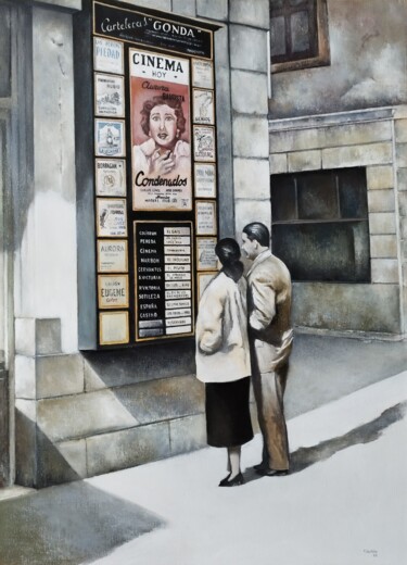 Painting titled "Cartelera de cines-…" by Tomás Castaño, Original Artwork, Oil Mounted on Wood Stretcher frame