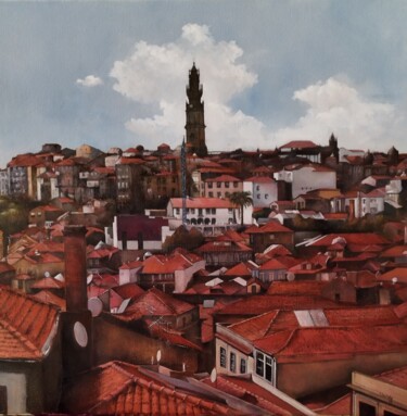 Painting titled "Panorámica de Oport…" by Tomás Castaño, Original Artwork, Oil Mounted on Wood Stretcher frame
