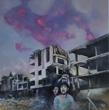 Ζωγραφική με τίτλο "Gaza-Lluvia de estr…" από Tomás Castaño, Αυθεντικά έργα τέχνης, Λάδι Τοποθετήθηκε στο Ξύλινο φορείο σκελ…