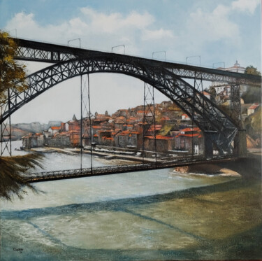 Painting titled "Puente Don Luis I O…" by Tomás Castaño, Original Artwork, Oil Mounted on Wood Stretcher frame