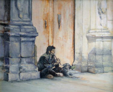 Pintura titulada "Flautista con perro" por Tomás Castaño, Obra de arte original, Oleo