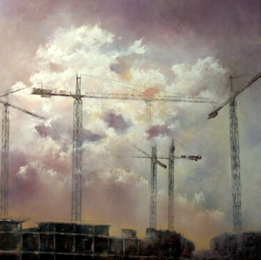 Painting titled "cielos-gruas-en-val…" by Tomás Castaño, Original Artwork, Oil