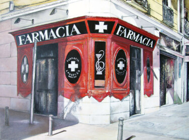 Malerei mit dem Titel "Madrid-Farmacia de…" von Tomás Castaño, Original-Kunstwerk, Öl