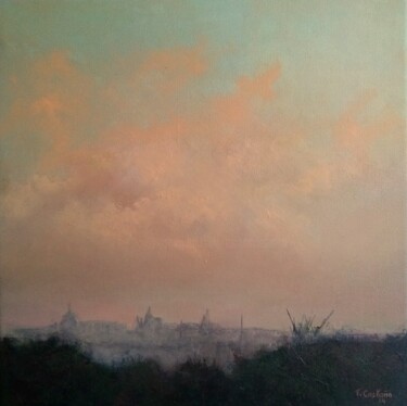 Painting titled "Atardecer sobre Mad…" by Tomás Castaño, Original Artwork, Oil Mounted on Wood Stretcher frame