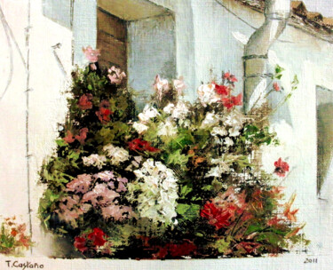Peinture intitulée "Ventana floreada" par Tomás Castaño, Œuvre d'art originale, Huile