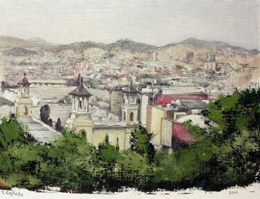 Schilderij getiteld "Barcelona desde mon…" door Tomás Castaño, Origineel Kunstwerk, Olie