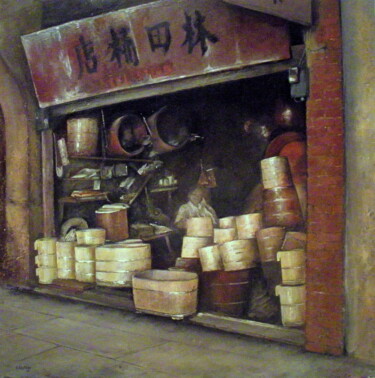 Peinture intitulée "Tienda de cubos y b…" par Tomás Castaño, Œuvre d'art originale, Huile