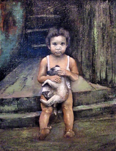 Pintura intitulada "Niña jugando con pe…" por Tomás Castaño, Obras de arte originais, Óleo