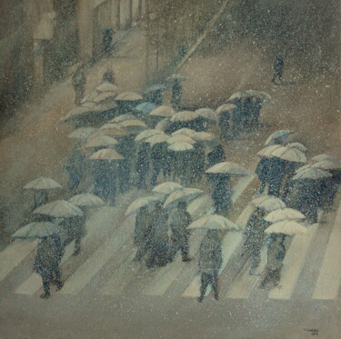 Pintura intitulada "Noche de paraguas y…" por Tomás Castaño, Obras de arte originais, Óleo