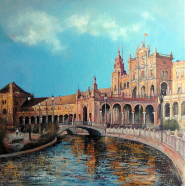 Schilderij getiteld "Plaza de España-Sev…" door Tomás Castaño, Origineel Kunstwerk, Olie