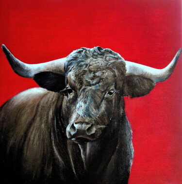 Painting titled "Toro bravo sobre ro…" by Tomás Castaño, Original Artwork, Oil