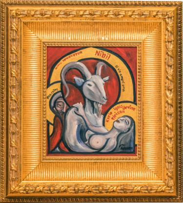 Painting titled "Icon 1: The Goat" by Tomas Hed, Original Artwork, Oil Mounted on Wood Stretcher frame
