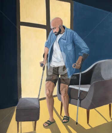 Schilderij getiteld "Hombre con muletas" door Tomás Martin, Origineel Kunstwerk, Acryl Gemonteerd op Frame voor houten branc…