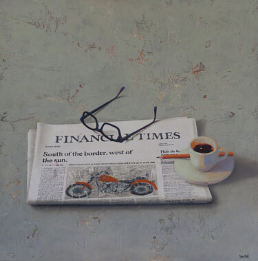 Painting titled "NEWS AND COFFEE II" by Tomasa Martin, Original Artwork, Oil Mounted on Wood Stretcher frame