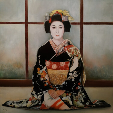 Schilderij getiteld "Geisha" door Tomás Castaño, Origineel Kunstwerk, Olie Gemonteerd op Frame voor houten brancard