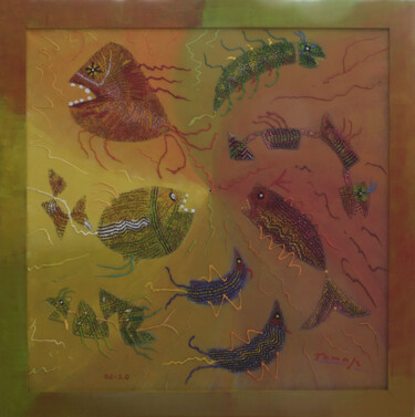 Картина под названием "Fish: fight" - Tomasz, Подлинное произведение искусства, Масло
