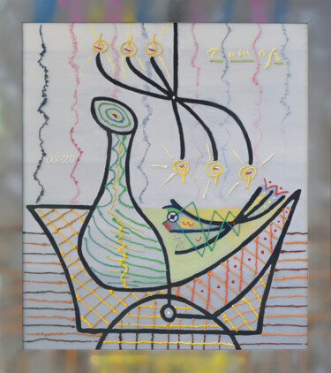Malerei mit dem Titel "Bottle and fish" von Tomasz, Original-Kunstwerk, Öl