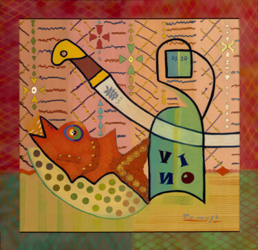 Schilderij getiteld "Wine, fish and Russ…" door Tomasz, Origineel Kunstwerk, Olie