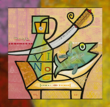 Malerei mit dem Titel "Wine and green fish" von Tomasz, Original-Kunstwerk, Acryl