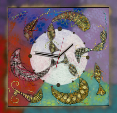 Schilderij getiteld "Clock face: Fish in…" door Tomasz, Origineel Kunstwerk, Acryl